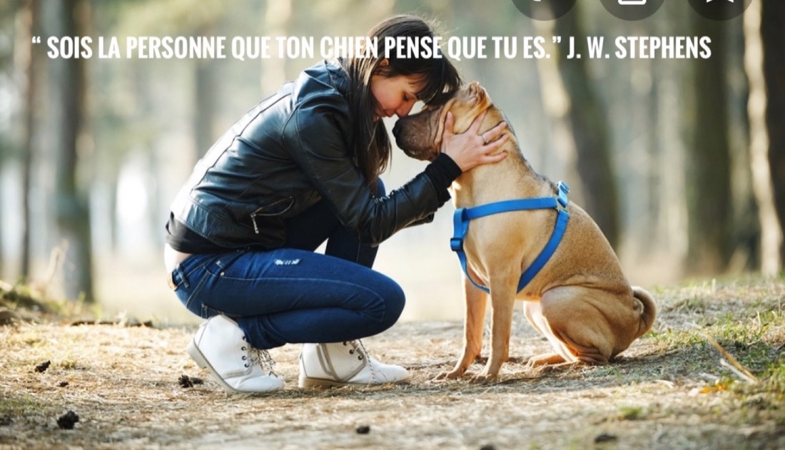 Une personne front contre front avec son chien, citation « Sois la personne que ton chien pense que tu es. »