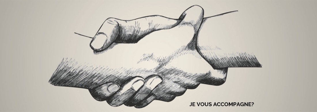 Dessin de deux mains qui se tiennent, légende « Je vous accompagne ? »