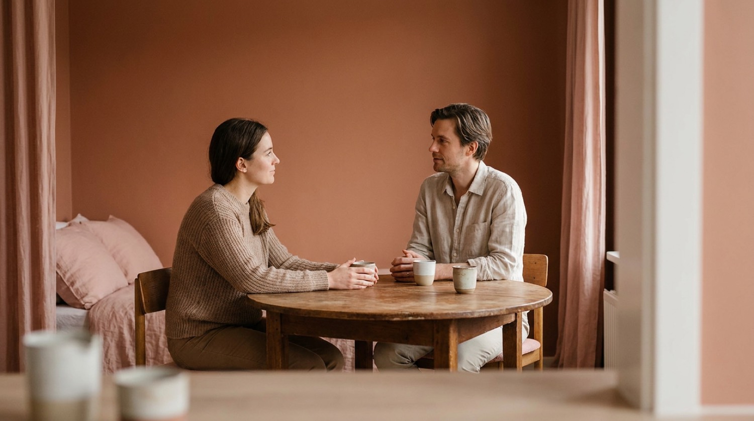 Deux personnes en dialogue apaisé autour d'une table de médiation
